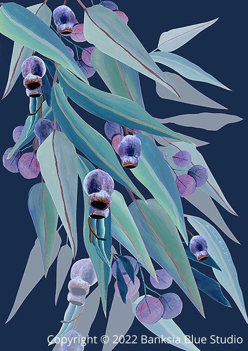 Banksia Blue Studio " Jarrah Dreaming" |Australian Eucalyptus Gumleaf Wall Art Print Navy- Portrait