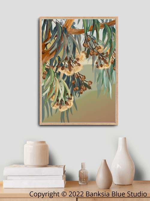 Banksia Blue Studio " Yallaroo"| Australian Lemon Scented Eucalyptus Timber Framed Canvas Print-Portrait