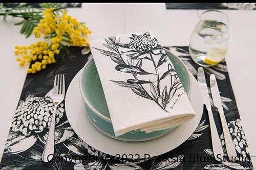 Banksia Blue Studio 1x Napkin Linen Table Napkin |Waratah White