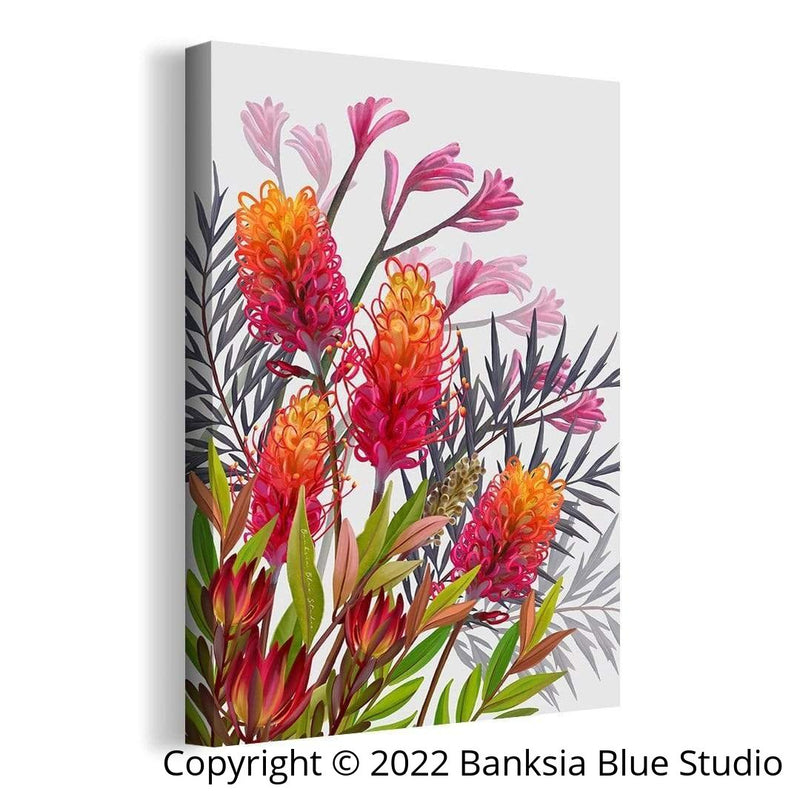 Banksia Blue Studio "Allawah"| Framed Canvas Print Australian Grevillea - Portrait