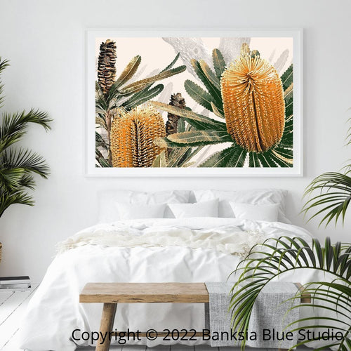 Banksia Blue Studio "Banyula"| Australian Coastal Banksia Tree White Framed Canvas Print-Landscape