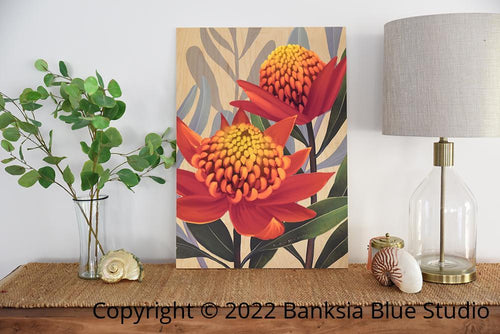 Banksia Blue Studio Beacon Of The Bush"|Australian Waratah Tangerine Wood Wall Art-Portrait