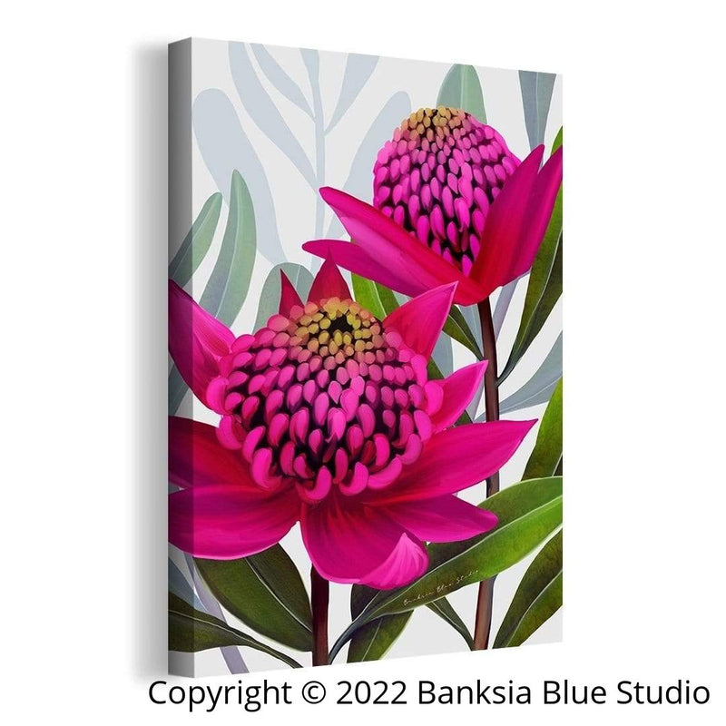 Banksia Blue Studio " Beacon Of The Bush"| Framed Canvas Print Australian Waratah Pink-Portrait