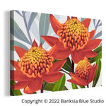 Banksia Blue Studio " Beacon Of The Bush"| Framed Canvas Print Australian Waratah Tangerine-Landscape