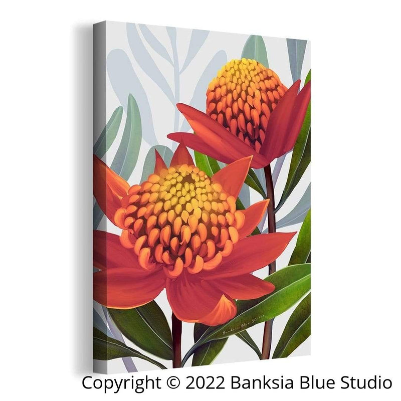 Banksia Blue Studio " Beacon Of The Bush"|Framed Canvas Print Australian Waratah Tangerine-Portrait