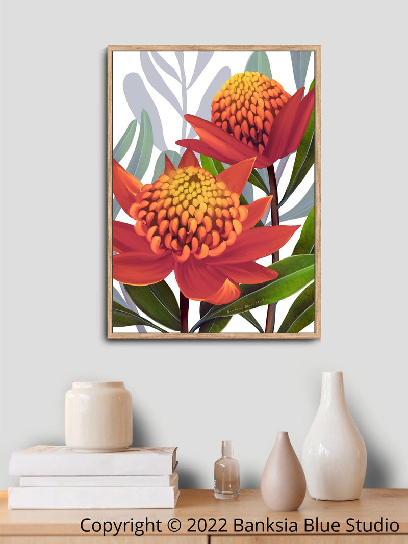 Banksia Blue Studio "Beacon Of The Bush"Tangerine|Australian Waratah Timber Framed Canvas Print-Portrait