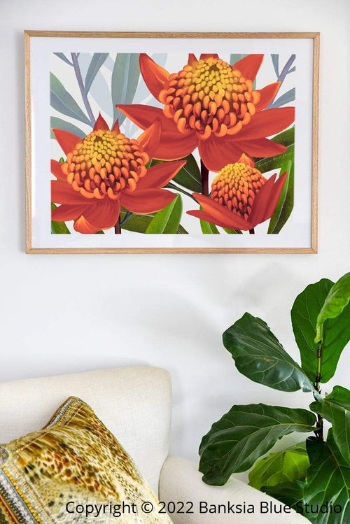 Banksia Blue Studio " Beacon Of The Bush Tangerine"|Tangerine Waratah Framed Wall Print Natural- Landscape