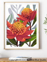 Banksia Blue Studio " Beacon Of The Bush Tangerine"|Tangerine Waratah Framed Wall Print Natural-Portrait
