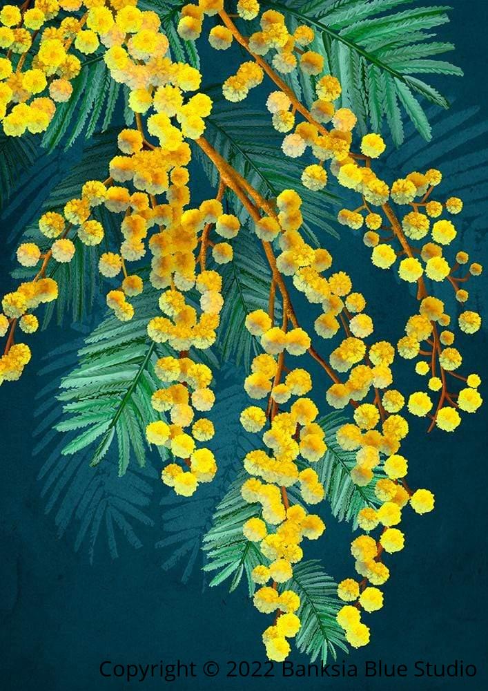 Banksia Blue Studio " Golden Spirit " |Australian Coastal Wattle Wall Art Print - Portrait