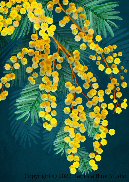 Banksia Blue Studio " Golden Spirit " |Australian Coastal Wattle Unframed Wall Art Print - Portrait