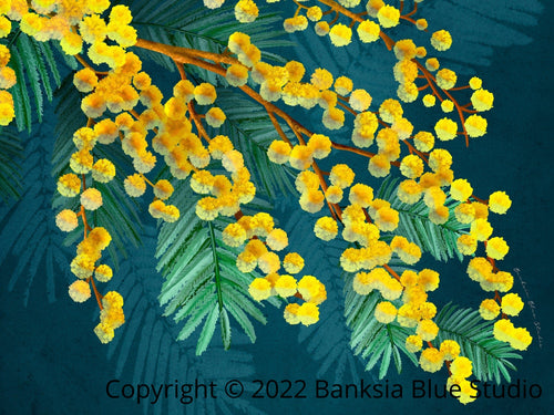 Banksia Blue Studio " Golden Spirit " |Australian Coastal Wattle Wall Art Print -Landscape
