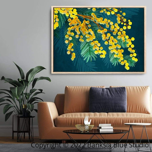Banksia Blue Studio "Golden Spirit"|  Australian Wattle Timber Framed Canvas Print- Landscape