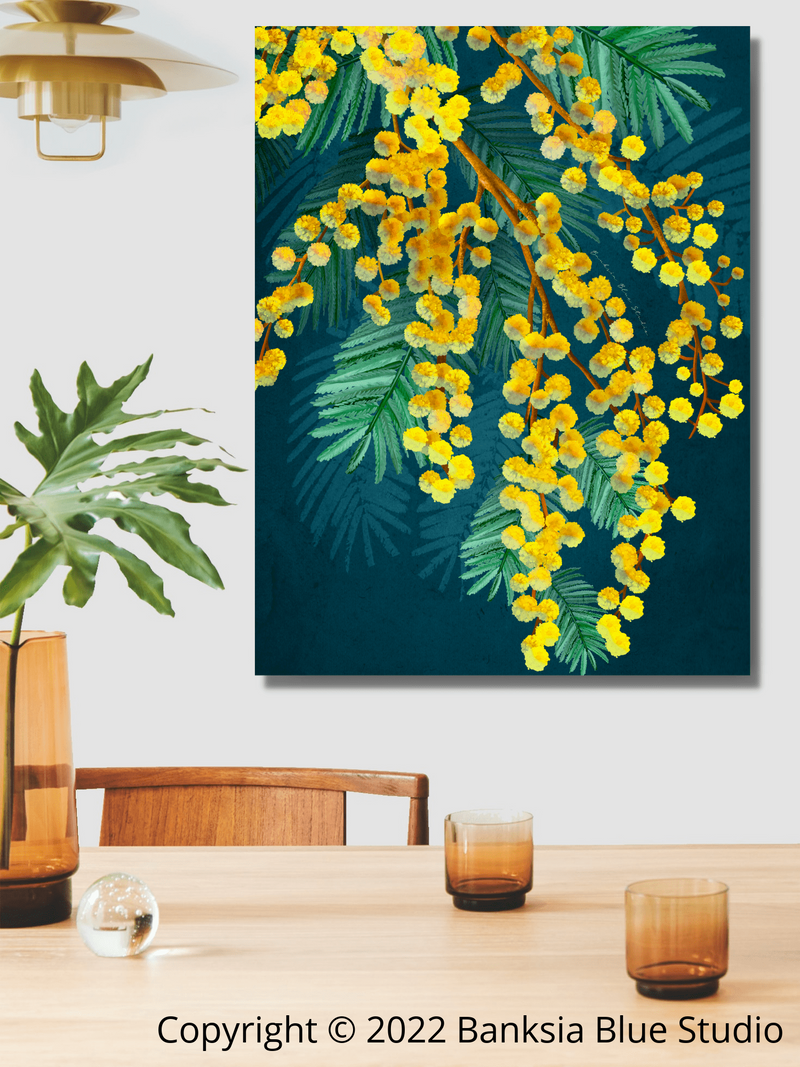 Banksia Blue Studio "Golden Spirit"| Framed Canvas Print Australian Golden Wattle - Portrait
