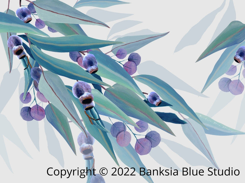 Banksia Blue Studio "Jarrah Dreaming" |Australian Blue Gum Eucalyptus Canvas Art Print White - Landscape