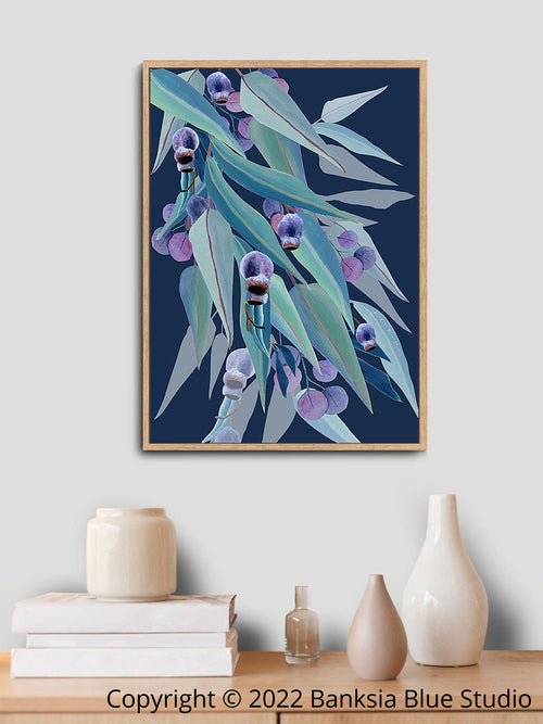 Banksia Blue Studio "Jarrah Dreaming" |Australian Eucalyptus Navy Timber Framed Canvas Print  - Portrait