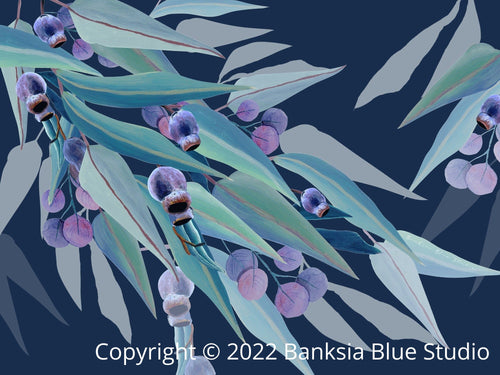Banksia Blue Studio " Jarrah Dreaming" |Australian Eucalyptus Wall Art Print Navy - Landscape