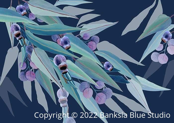 Banksia Blue Studio "Jarrah Dreaming" |Framed Canvas Print Blue Gum Eucalyptus Navy-Landscape