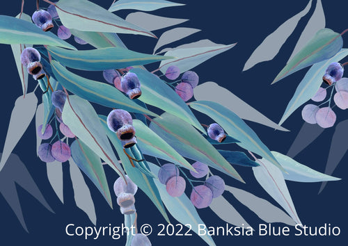 Banksia Blue Studio "Jarrah Dreaming Navy"|Australian Eucalyptus Leaf Framed Wall Print Black-Landscape