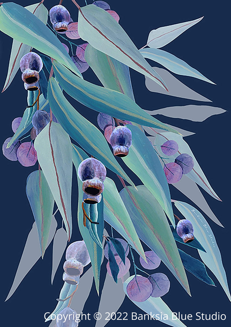 Banksia Blue Studio "Jarrah Dreaming Navy"|Australian Eucalyptus Leaf Framed Wall Print Black-Portrait