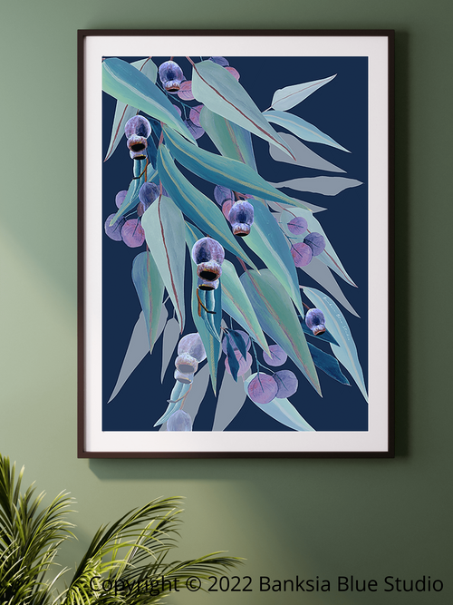 Banksia Blue Studio "Jarrah Dreaming Navy"|Australian Eucalyptus Leaf Framed Wall Print Black-Portrait