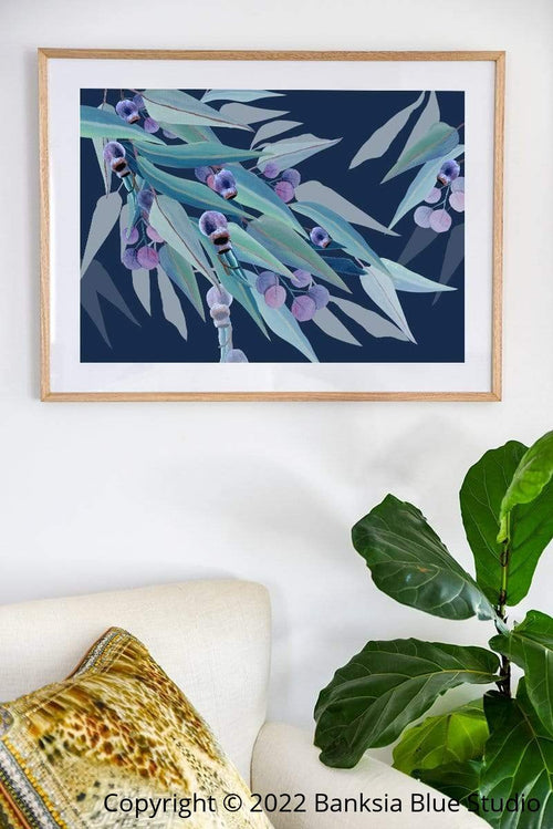 Banksia Blue Studio "Jarrah Dreaming Navy"|Eucalyptus Leaf Framed Wall Print Natural-Landscape