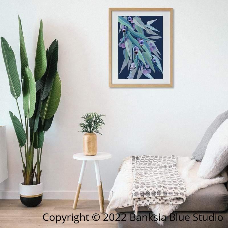 Banksia Blue Studio "Jarrah Dreaming Navy "|Eucalyptus Leaf Framed Wall Print Natural-Portrait