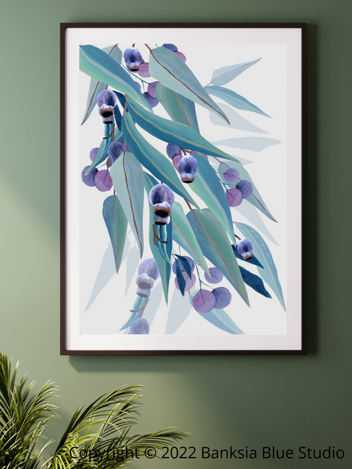 Banksia Blue Studio "Jarrah Dreaming White "|Australian Eucalyptus Leaf Framed Wall Print Black-Portrait