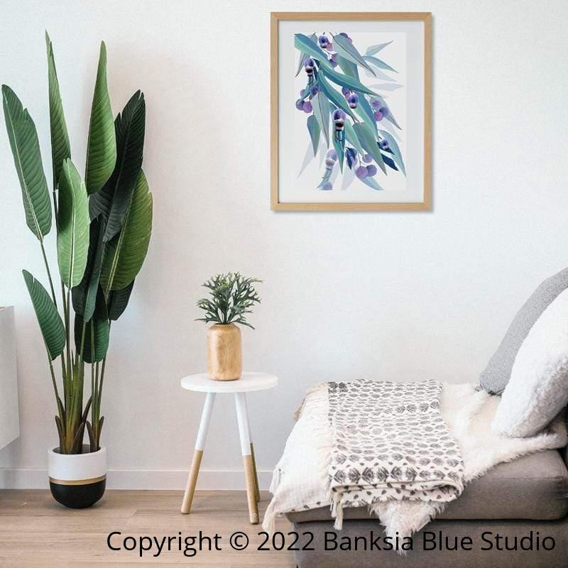 Banksia Blue Studio "Jarrah Dreaming White"|Eucalyptus leaf Framed Wall Print-Portrait