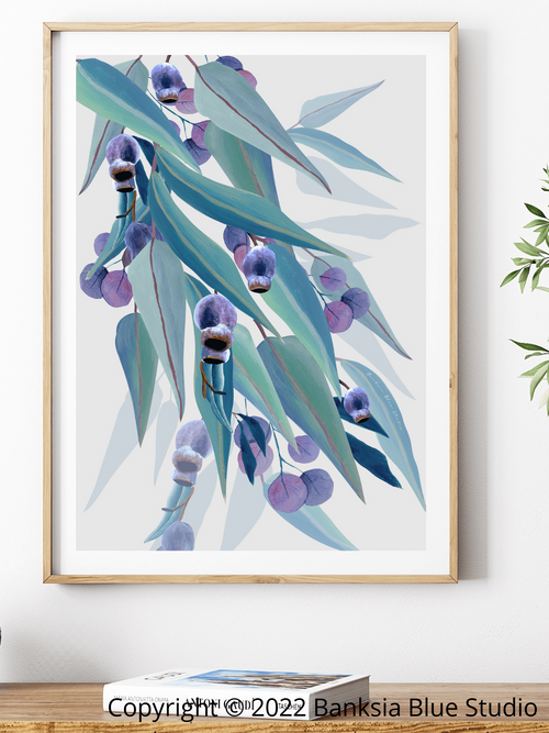 Banksia Blue Studio "Jarrah Dreaming White"| Eucalyptus leaf Framed Wall Print-Portrait