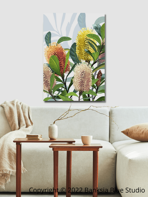 Banksia Blue Studio " Saltbush"| Framed Canvas Print Australian coastal Banksia - Portrait