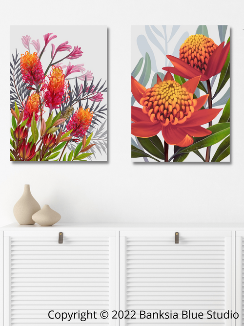 Banksia Blue Studio Stretched Canvas Set Of 2  "Beacon Of The Bush" & "Allawah"