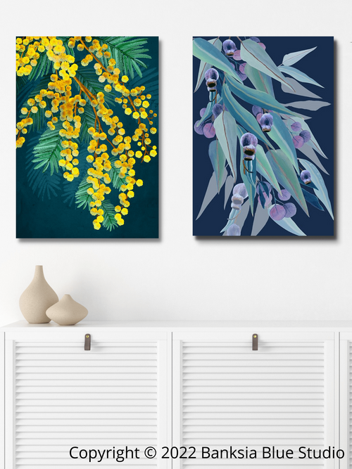 Banksia Blue Studio Stretched Canvas Set Of 2 "Jarrah Dreaming Navy"  & "Golden Spirit"