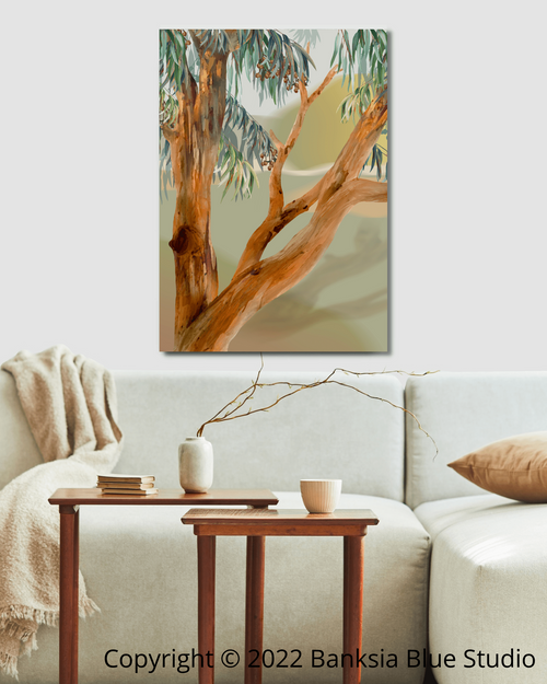 Banksia Blue Studio "Tanderra"| Framed Canvas Print Australian Eucalyptus Tree - Portrait