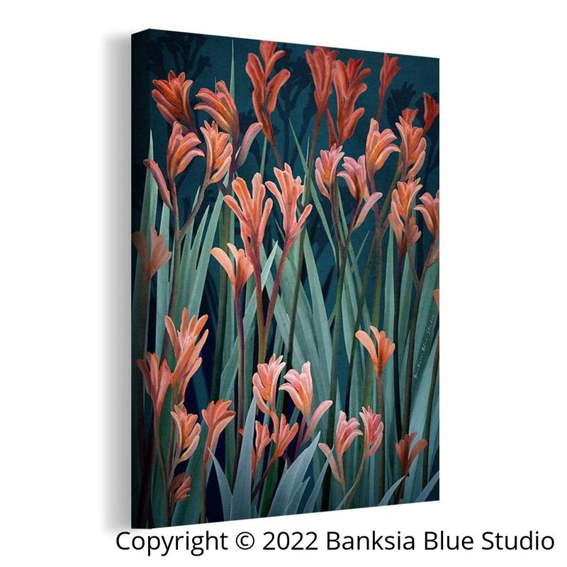 Banksia Blue Studio "Wild of heart"| Framed Canvas Art - Australian Kangaroo Paw Teal - Portrait