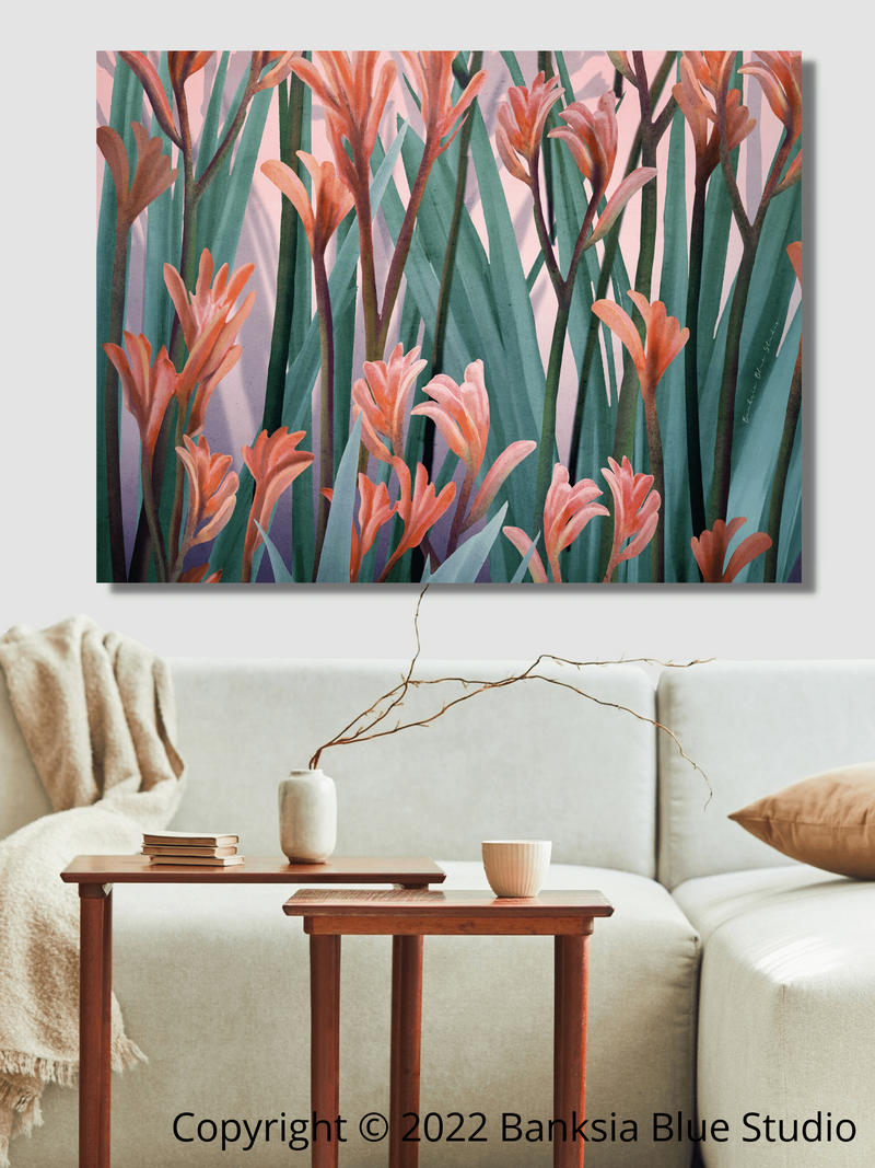 Banksia Blue Studio "Wild of heart"| Framed Canvas Print Australian Kangaroo Paw Pink-Landscape