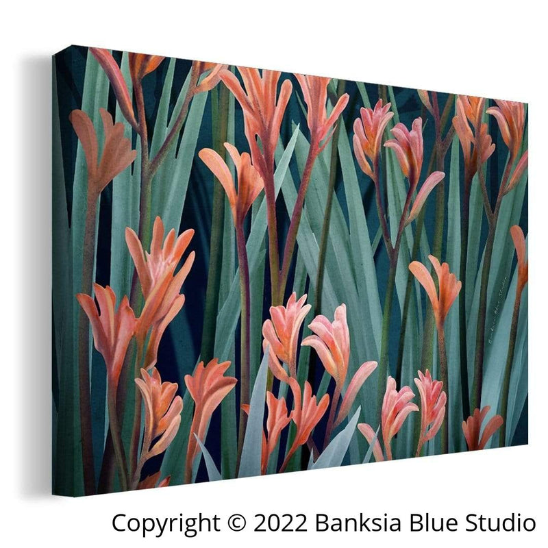 Banksia Blue Studio "Wild of heart"| Framed Canvas Print Australian Kangaroo Paw Teal-Landscape