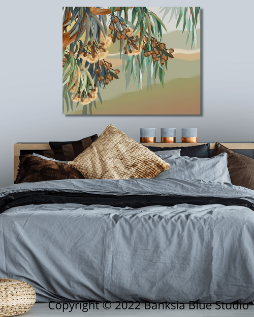Banksia Blue Studio "Yallaroo"| Framed Canvas Print Australian Lemon Scented Eucalyptus -Landscape
